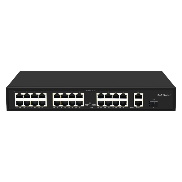 Billede af 24 PoE ports switch, 24x PoE + 1x SFP Uplink + 2x RJ45 Uplink, 10/100/1000, 300W