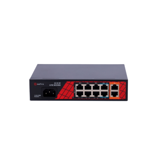 Billede af Safire PoE Switch 120W, 6 x 30W PoE (100Mbps) + 2 x 60W PoE (100Mbps) + 2 x Uplink (1000Mbps), WatchDog