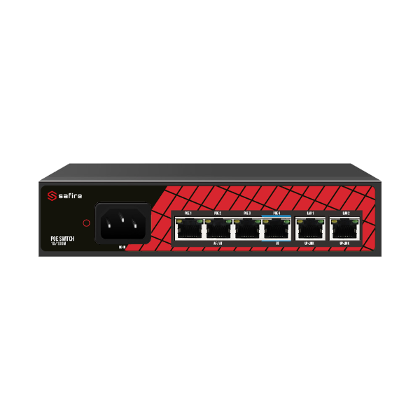 Billede af Safire PoE Switch 60W, 3 x 30W PoE (100Mbps) + 1 x 60W PoE (100Mbps) + 2 x Uplink (1000Mbps), WatchDog
